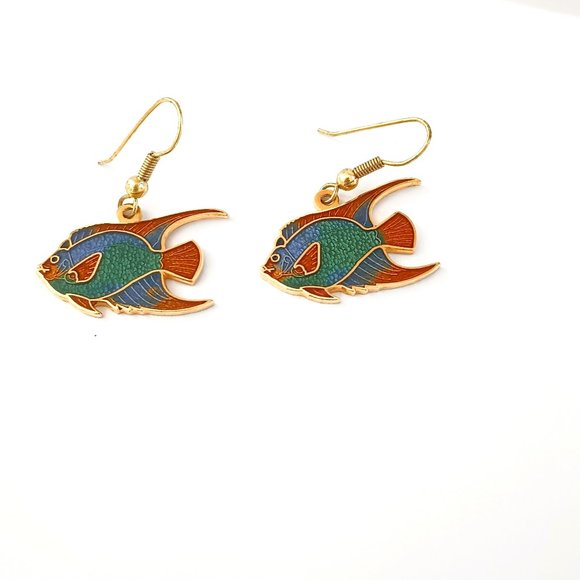 Trident Angelfish Enamel Dangle Earrings Gold Tone Pierced Drop - Picture 3 of 5